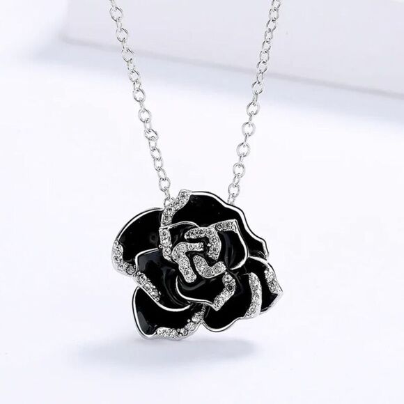 Sterling Silver Black Flower Enamel Drip Rhinestone Necklace Womens New - Picture 5 of 12